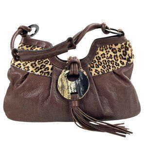 Pietro Alessandro Brown Leather Shoulder Bag with Leopard Accent